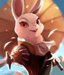  amber_(armello) anthro armello buckteeth cherry_blossom clothed clothing cravat female first_person_view fur lagomorph looking_at_viewer mammal melee_weapon parasol plant rabbit red_eyes smile solo sword teeth tragobear weapon white_fur 