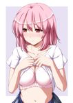  alternate_costume blush bra breasts collarbone commentary_request contemporary highres large_breasts looking_away midriff navel nori_tamago pink_bra pink_eyes pink_hair saigyouji_yuyuko shirt shirt_lift skirt solo stomach touhou underwear upper_body 