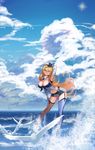  ;q absurdres bad_id bad_pixiv_id bird blonde_hair blue_eyes blue_sky breasts cleavage cloud day elbow_gloves gloves highres huge_breasts iowa_(kantai_collection) kantai_collection long_hair miniskirt ocean one_eye_closed peilulu salute seagull skirt sky solo splashing thighhighs tongue tongue_out v water 