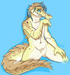  2016 anthro athletic blue_background blue_eyes blue_hair brown_hair brown_scales crocodile english_text featureless_crotch fivel hair looking_at_viewer male navel nude reptile scales scalie sharp_teeth signature simple_background solo spread_legs spreading teeth text two-tone_eyes 