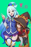  &gt;_&lt; 2girls :d aqua_(konosuba) aqua_background arm_around_waist artist_name ass_visible_through_thighs bandages bangs belt black_gloves black_hair black_hat black_legwear blue_hair blush boots breasts brooch button_eyes cape closed_eyes collar collarbone d: dated detached_sleeves dress eyebrows eyebrows_visible_through_hair fang fingerless_gloves gloves green_eyes hair_between_eyes hair_ornament hair_rings hand_on_headwear hat jewelry knees_together_feet_apart kono_subarashii_sekai_ni_shukufuku_wo! leaning_forward leg_up long_hair long_sleeves looking_at_viewer megumin miniskirt multiple_girls no_panties open_mouth red_dress see-through short_dress short_hair simple_background single_thighhigh skirt small_breasts smile staff standing standing_on_one_leg stitches thigh_gap thighhighs triangle_mouth v very_long_hair wide_sleeves witch_hat yoo_(1009980455) 