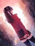  baiyang_miemie black_hair black_legwear fate/stay_night fate_(series) green_eyes highres kaleidostick long_sleeves looking_at_viewer looking_back magical_ruby skirt solo thighhighs toosaka_rin two_side_up zettai_ryouiki 