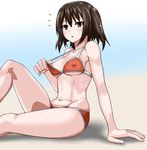  1girl 30-06 :o absurdres armpits bangs bare_arms bare_legs bare_shoulders beach bikini bikini_pull blue_sky blush breasts brown_eyes brown_hair cleavage collarbone covered_nipples day eyebrows eyebrows_visible_through_hair fingernails groin highres kantai_collection knee_up looking_at_viewer medium_breasts midriff navel nipple_slip nipples orange_bikini outdoors parted_lips pulled_by_self ribs sand scar sendai_(kantai_collection) short_hair skinny sky solo stomach swimsuit two_side_up underboob 
