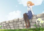  artoria_pendragon_(all) bird blonde_hair boots brick_wall brown_footwear cross-laced_footwear fate/stay_night fate_(series) flower grass green_eyes hair_ribbon highres lace-up_boots leather leather_boots long_hair pantyhose ribbon saber skirt solo wind wkna_(670139982) 