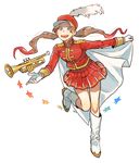  bad_id bad_twitter_id band_uniform blue_eyes boots cape cdov34 full_body gloves hat instrument knee_boots long_hair marching_band original shako_cap simple_background skirt smile solo standing standing_on_one_leg star trumpet twintails white_background white_footwear white_gloves 