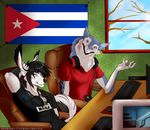  2016 absurd_res anthro ark_dedran black_and_white blue_eyes canine chair cloth clothed clothing computer controller cuba cuban_flag derden desk digital_media_(artwork) dog dotsfa duo flag fur game_controller hair headphones headsets hi_res husky hybrid jex keyboard male mammal monochrome pc_master_race pcmr personal_computer piercing seats sergal shirt sitting star_wars tattoo tongue tree 