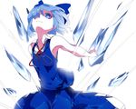  armpits bare_shoulders blue_bow blue_dress blue_eyes blue_hair bow cirno collared_shirt cowboy_shot crazy_eyes crystal dress evil_smile fairy fairy_wings hair_bow hair_over_one_eye highres ice ice_wings ikurauni looking_at_viewer outstretched_arms parted_lips red_ribbon ribbon shaded_face shirt sleeveless sleeveless_dress sleeveless_shirt smile solo touhou wings 