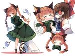  &gt;_&lt; afterimage anger_vein angry animal_ears arms_behind_back bangs black_bow black_footwear blunt_bangs blush bow braid breasts brown_hair cat_ears cat_tail closed_eyes clothes_grab cravat directional_arrow extra_ears eyebrows eyebrows_visible_through_hair frilled_skirt frills ghost green_skirt hair_bow hakurei_reimu half_updo heart juliet_sleeves kaenbyou_rin leaning_forward leg_ribbon long_hair long_sleeves looking_at_viewer medium_breasts multiple_girls multiple_views nekomata own_hands_together peeking piyokichi profile puffy_sleeves red_bow red_eyes red_hair red_ribbon ribbon ribbon-trimmed_sleeves ribbon_trim shaded_face shoes sketch skirt standing tail touhou waving_arms white_background 