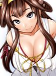  arms_behind_back bare_shoulders blue_eyes breasts brown_hair cleavage collarbone detached_sleeves double_bun from_above kantai_collection kongou_(kantai_collection) large_breasts long_hair looking_at_viewer nontraditional_miko r44 simple_background smile solo 