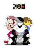  1girl androgynous baseball_uniform braid brown_hair child closed_eyes crossover frisk_(undertale) heart kneehighs madotsuki multiple_crossover off pale_skin partially_colored pink_shirt shirt simple_background skirt socks sportswear squatting sweater the_batter trait_connection twin_braids twitter_username undertale v white_background white_skin yellow_skin yume_nikki 