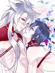  androgynous bare_chest blue_eyes blue_hair flower kogitsunemaru male_focus mikazuki_munechika multiple_boys parted_lips red_eyes shirtless touken_ranbu white_hair yaoi zuwai_kani 