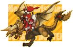  ambiguous_gender bell brown_scales capcom christmas claws clothed clothing diablos_(mh) flying_wyvern group holidays horn human male mammal monster_hunter scales scalie video_games weapon 