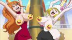  2girls breasts carrot_(one_piece) censored cleavage curvy female multiple_girls nami_(one_piece) nipple_censor one_piece revealing_clothes screencap smile third-party_edit 