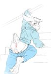  all_fours anthro anus balls band-aid bandage barefoot blush butt clothed clothing digitigrade embarrassed hoodie lagomorph looking_back mammal nameless_character notsafeforhoofs pants_down partially_clothed pawpads perineum poking_out rabbit restricted_palette stairs underwear_down 