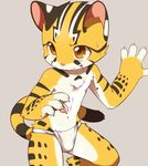  4_fingers brown_eyes brown_fur clothing cub feline fundoshi fur japanese_clothing male mammal simple_background solo standing sweat tiger underwear white_fur yellow_fur young ライル_(artist) 