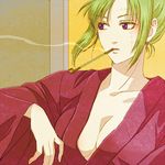  1girl 3mm blonde_hair breasts cleavage earrings gintama green_hair japanese_clothes jewelry large_breasts pipe purple_eyes scar smoking solo tsukuyo tsukuyo_(gintama) upper_body 