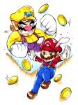  2boys angry animal_ears arms_up battle blue_eyes brown_hair bunny_ears fat fat_man fist gloves gold_coins hat jumping looking_at_viewer mario mario_(series) multiple_boys nintendo red_hat shiny super_mario_land_2 teeth wario white_gloves yellow_hat 