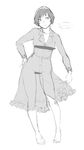  1girl blush buttons censored collarbone contrapposto dress dress_lift greyscale hairband hand_on_hip highres kagari6496 leaning_forward looking_to_the_side monochrome see-through short_hair sketch solo spoken_ellipsis standing toes touhou tsukumo_yatsuhashi 