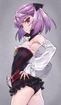  armpits ass bare_shoulders belt black_panties commentary_request cowboy_shot detached_collar detached_sleeves dress fate/grand_order fate_(series) flat_ass flat_chest from_side hair_ribbon hands_on_hips helena_blavatsky_(fate/grand_order) highres light_smile long_sleeves looking_at_viewer matsuryuu official_art panties purple_eyes purple_hair ribbon short_hair skirt smile solo strapless strapless_dress thighs tree_of_life underwear white_sleeves 