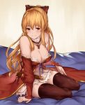  arm_support bare_shoulders blonde_hair blush bow breasts cleavage dress granblue_fantasy hair_bow large_breasts lialight long_hair looking_at_viewer official_style ponytail red_eyes sitting smile solo thighhighs vira_lilie yokozuwari 
