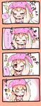  4koma :t ? american_flag_dress blonde_hair blush closed_eyes clownpiece comic duplicate frilled_shirt_collar frills hands hat heart highres jester_cap jpeg_artifacts minigirl nakukoroni neck_ruff one_eye_closed petting polka_dot red_eyes shirt sweatdrop touhou upper_body wavy_mouth 