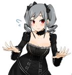  black_dress blush breasts choker cleavage collarbone dress drill_hair flying_sweatdrops gothic_lolita hair_ribbon highres idolmaster idolmaster_cinderella_girls kanzaki_ranko lolita_fashion looking_at_viewer medium_breasts red_eyes ribbon senju_(snz0) silver_hair simple_background solo twin_drills twintails white_background 