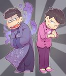  ;) black_hair blush_stickers bowing brothers changpao chinese_clothes clenched_hand hands_in_opposite_sleeves male_focus matsuno_ichimatsu matsuno_todomatsu multiple_boys one_eye_closed open_hand osomatsu-kun osomatsu-san own_hands_together palm-fist_greeting sanjiro_(tenshin_anman) siblings smile tangzhuang 