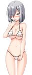  bare_shoulders bikini blue_eyes blush breasts collarbone crotch grey_hair hair_ornament hair_over_one_eye hairclip hamakaze_(kantai_collection) kantai_collection kokorono_arika large_breasts midriff navel open_mouth simple_background solo sweatdrop swimsuit white_background 