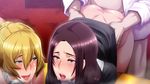  1boy 2girls ass bare_arms bare_legs bare_shoulders bent_over black_skirt blonde_hair blue_eyes blush brown_hair butcha-u clothed_sex collar cum dimples_of_venus facial fat fat_man game_cg hair_bun hazama_eri highres indoors long_hair looking_at_another looking_away makeup meikoku_gakuen_jutai_hen:_onegaishimasu......_sensei_no_seieki_de,_watashi-tachi_wo_tasukete_hoshiin_desu! mole multiple_girls nijou_shizue no_panties nun open_mouth red_eyes sex shiny shiny_hair shiny_skin skirt skirt_lift smile vaginal 