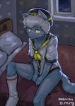  bed bedding blanket blue_fur blush bottomless canine clothed clothing covering covering_self cub dog embarrassed fur gangmung grey_hair hair legwear mammal pillow sailor_outfit sitting socks yellow_eyes young 