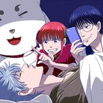  1girl 2boys 3mm dog gintama kagura_(gintama) multiple_boys sadaharu sakata_gintoki shimura_shinpachi sleeping 