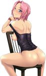  ass back black_shirt blue_eyes blush bottomless breasts breasts_outside butt_crack chair female from_behind green_eyes haruno_sakura head_tilt human looking_at_viewer looking_back melkor_mancin naruto nipples no_bra pink_hair sakura_haruno shiny shiny_hair shirt short_hair simple_background sitting sitting_backwards sleeveless sleeveless_shirt smile solo spread_legs straddling strap_slip tank_top thighs white_background wristband 