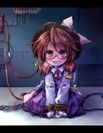 ahoge blush bound brown_eyes brown_hair chain chained dress glasses hat hat_ribbon leash long_sleeves looking_at_viewer low_twintails open_mouth pote_(ptkan) purple_dress red-framed_eyewear ribbon shirt sitting solo sweat tears tied_up touhou twintails usami_sumireko v_arms wariza wavy_mouth 