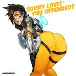  absurdres ass bodysuit brown_hair commentary english goggles highres jacket looking_at_viewer monori_rogue orange_bodysuit overwatch short_hair solo spiked_hair tracer_(overwatch) 