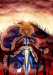  ahoge armor armored_dress artoria_pendragon_(all) avalon_(fate/stay_night) blonde_hair blue_cape blue_eyes cape cloud crown excalibur fate/stay_night fate_(series) field_of_blades fur-trimmed_cape fur_trim neco_(necocan) planted_sword planted_weapon saber solo sun sword weapon 