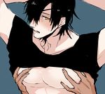  2boys abs eyepatch hand_under_clothes looking_at_viewer male_focus multiple_boys muscle pecs sweat yaoi 