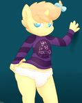  2016 absurd_res anthro anthrofied blue_eyes clothing diaper english_text equine female friendship_is_magic hair hair_bow hair_ribbon hi_res horn lamiaaaa looking_at_viewer mammal my_little_pony orange_hair pumpkin_cake_(mlp) ribbons shirt simple_background smile solo text unicorn young 