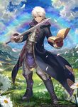  blue_sky book brown_eyes daisy day fire_emblem fire_emblem:_kakusei fire_emblem_cipher flower grass hood lack male_focus male_my_unit_(fire_emblem:_kakusei) mountain my_unit_(fire_emblem:_kakusei) official_art petals rainbow sky smile solo sword watermark weapon white_hair 