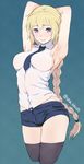  armpits arms_behind_head black_legwear blonde_hair blue_background blue_eyes braid breasts fate/apocrypha fate_(series) jeanne_d'arc_(fate) jeanne_d'arc_(fate)_(all) long_hair looking_at_viewer md5_mismatch medium_breasts necktie purple_eyes shorts sideboob simple_background sleeveless smile solo thighhighs twitter_username utu_(ldnsft) 