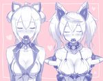  2girls bangs blush breasts chocolate chocolate_heart cleavage closed_eyes gene_(pso2) heart innocent_cluster large_breasts limited_palette matoi_(pso2) mouth_hold multicolored_hair multiple_girls phantasy_star phantasy_star_online_2 streaked_hair twintails 
