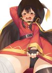  arm_up bandages belt black_hair black_legwear black_panties blush cape collar covering covering_crotch dress dress_tug fingerless_gloves from_below gloves hand_on_headwear hat highres jonsun kono_subarashii_sekai_ni_shukufuku_wo! looking_at_viewer megumin open_mouth panties red_dress red_eyes short_hair single_thighhigh solo tears thighhighs under_shot underwear wavy_mouth witch_hat 