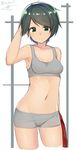  arm_at_side arm_up armpits bangs bare_arms boyshorts bra breasts collarbone cowboy_shot green_eyes green_hair grey_bra hand_in_hair hand_on_own_head isshiki_(ffmania7) kantai_collection looking_at_viewer mogami_(kantai_collection) navel short_hair signature small_breasts smile solo sports_bra stomach swept_bangs tank_top twitter_username underwear underwear_only 