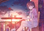 animal blue_eyes breasts brown_hair chair cloud crossed_legs dress from_side hai_to_gensou_no_grimgar hatsuki_kaname jacket_on_shoulders long_hair medium_breasts merry_(grimgar) sitting sky solo sunset table 