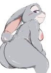  2016 anthro areola big_areola big_breasts big_butt big_ears blush breasts butt disney eyelashes floppy_ears fluffy fluffy_tail half-closed_eyes judy_hopps kokkoman lagomorph lips looking_at_viewer looking_back mammal nipples nude overweight overweight_female pink_nose purple_eyes rabbit rear_view short_tail simple_background sitting smile solo thick_tail thick_thighs zootopia 