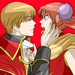  1boy 1girl 3mm brown_hair bun_cover eye_contact gintama hand_on_another&#039;s_face hand_on_another's_face kagura_(gintama) long_hair looking_at_another okita_sougo orange_hair tongue tongue_out 