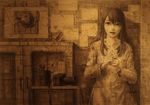  abstract apple brown cabinet camera commentary cube food fruit graphite_(medium) highres hiru long_hair looking_at_viewer monochrome open_mouth original painting_(object) pencil smile traditional_media watch wristwatch 