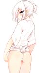  ass blue_eyes blush commentary_request from_behind fundoshi hair_ornament hairclip highres japanese_clothes looking_at_viewer looking_back no_pants original otokuyou ringo-chan_(otokuyou) short_hair short_ponytail simple_background solo white_background white_hair yamakasa 
