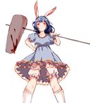  ambiguous_red_liquid animal_ears bloomers blue_dress blue_hair bunny_ears crescent dress frilled_legwear from_below hand_on_hip highres holding holding_weapon kagari6496 kine light_smile long_hair mallet over_shoulder red_eyes seiran_(touhou) solo stain touhou underwear weapon weapon_over_shoulder 