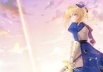  alternate_hairstyle armor artoria_pendragon_(all) blonde_hair cherinova excalibur fate/stay_night fate_(series) gauntlets green_eyes hair_ribbon looking_back parted_lips petals ponytail puffy_sleeves ribbon saber sky solo sword weapon 