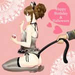  3mm animal_ears ass black_legwear black_panties breasts brown_eyes brown_hair camisole cat_ears cat_tail choker gintama heart kneeling nipples panties ponytail see-through shimura_tae side-tie_panties sitting small_breasts solo tail tail_grab thighhighs underwear 